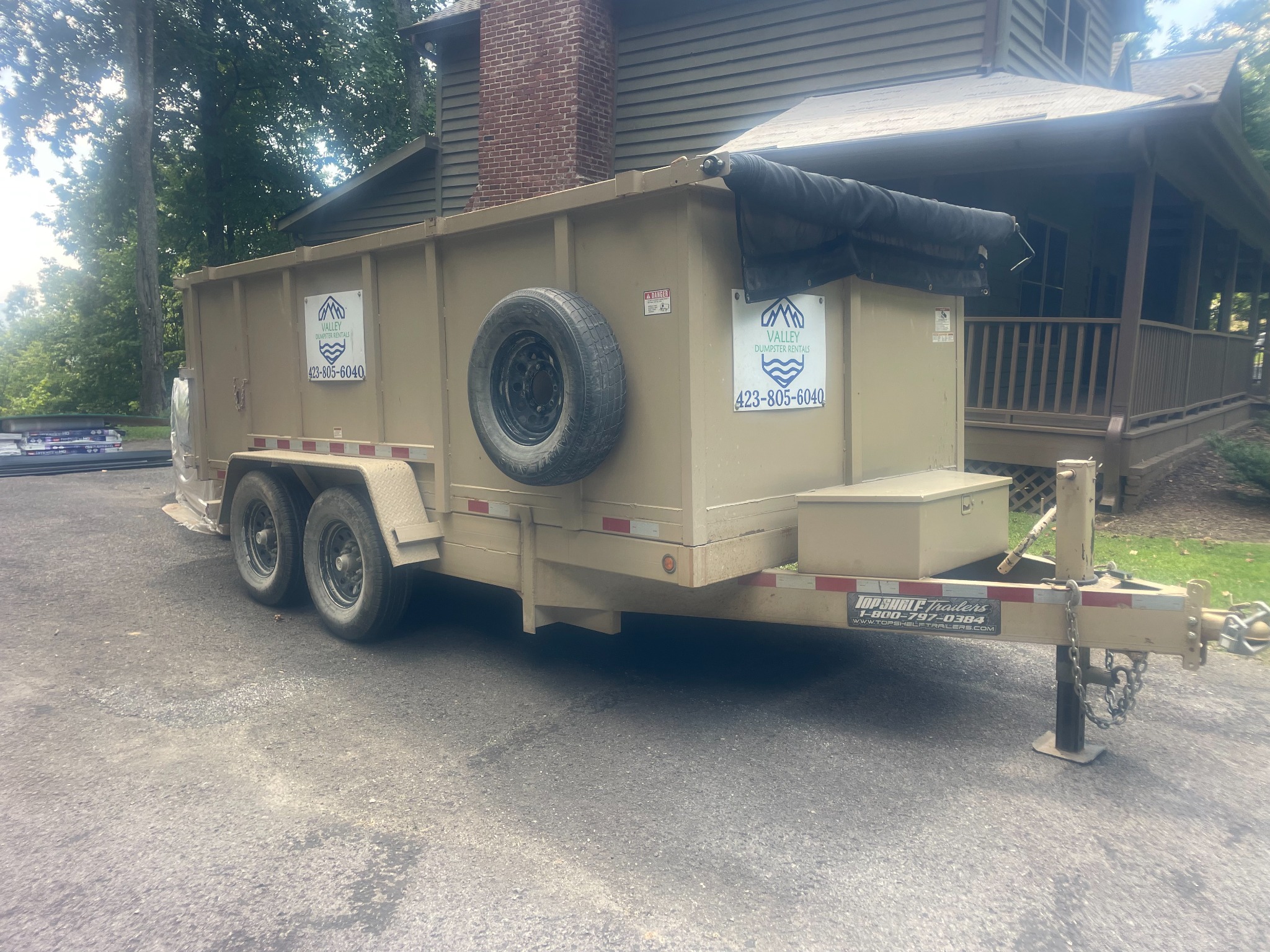 Valley Dumpster Rentals tan dump trailer for gravel, sand and dirt delivery