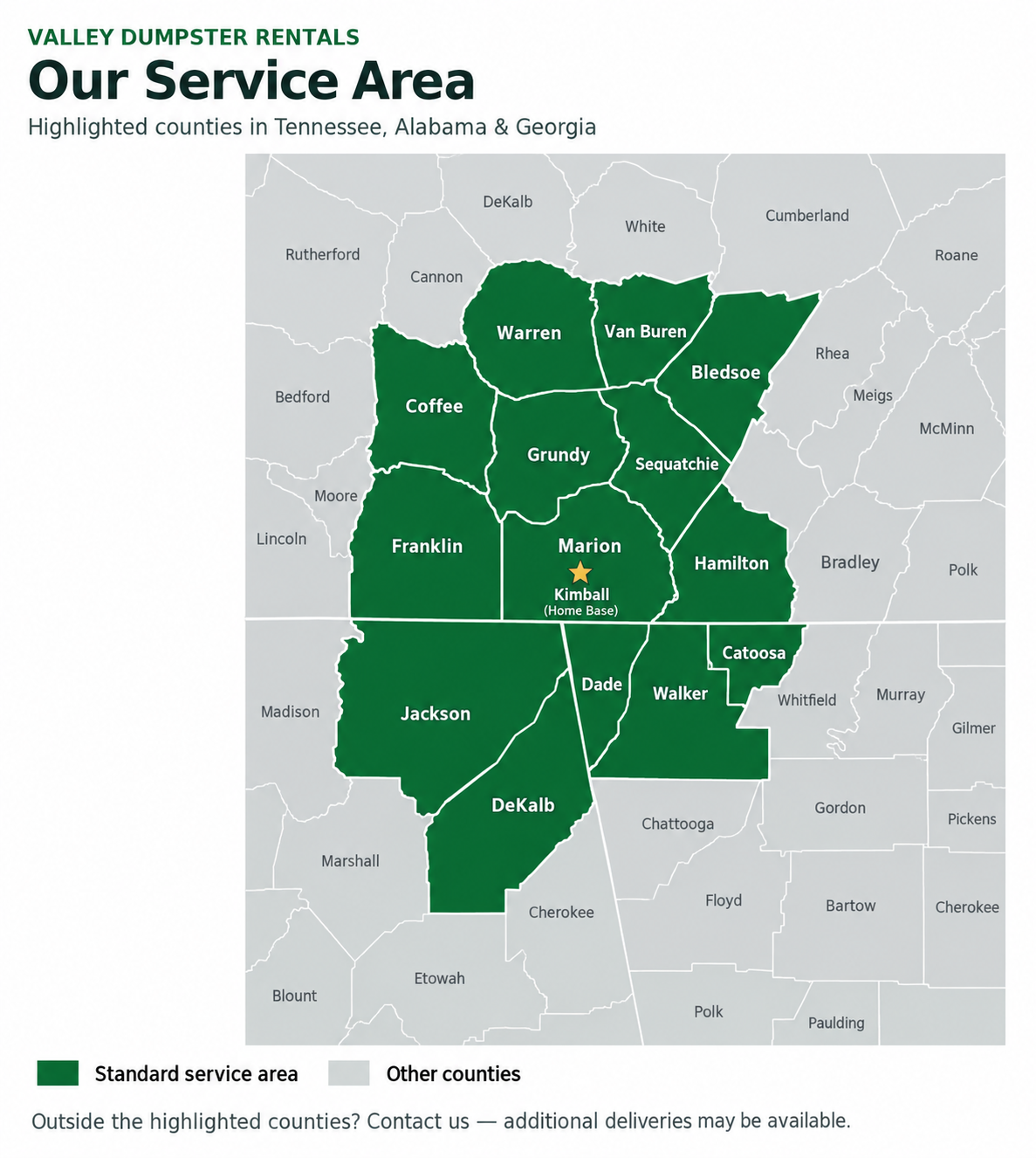 County service-area illustration with Bradley County not highlighted, showing Valley Dumpster Rentals coverage in Tennessee, Alabama and Georgia